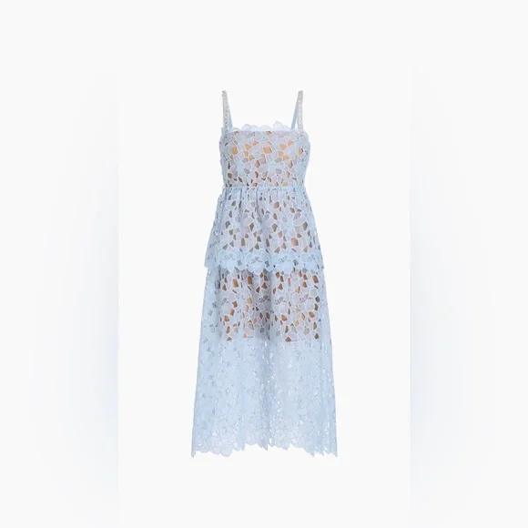 chinese dress ladies Blue Chiffon Lace Tiered Midi Dress  self-portrait-US